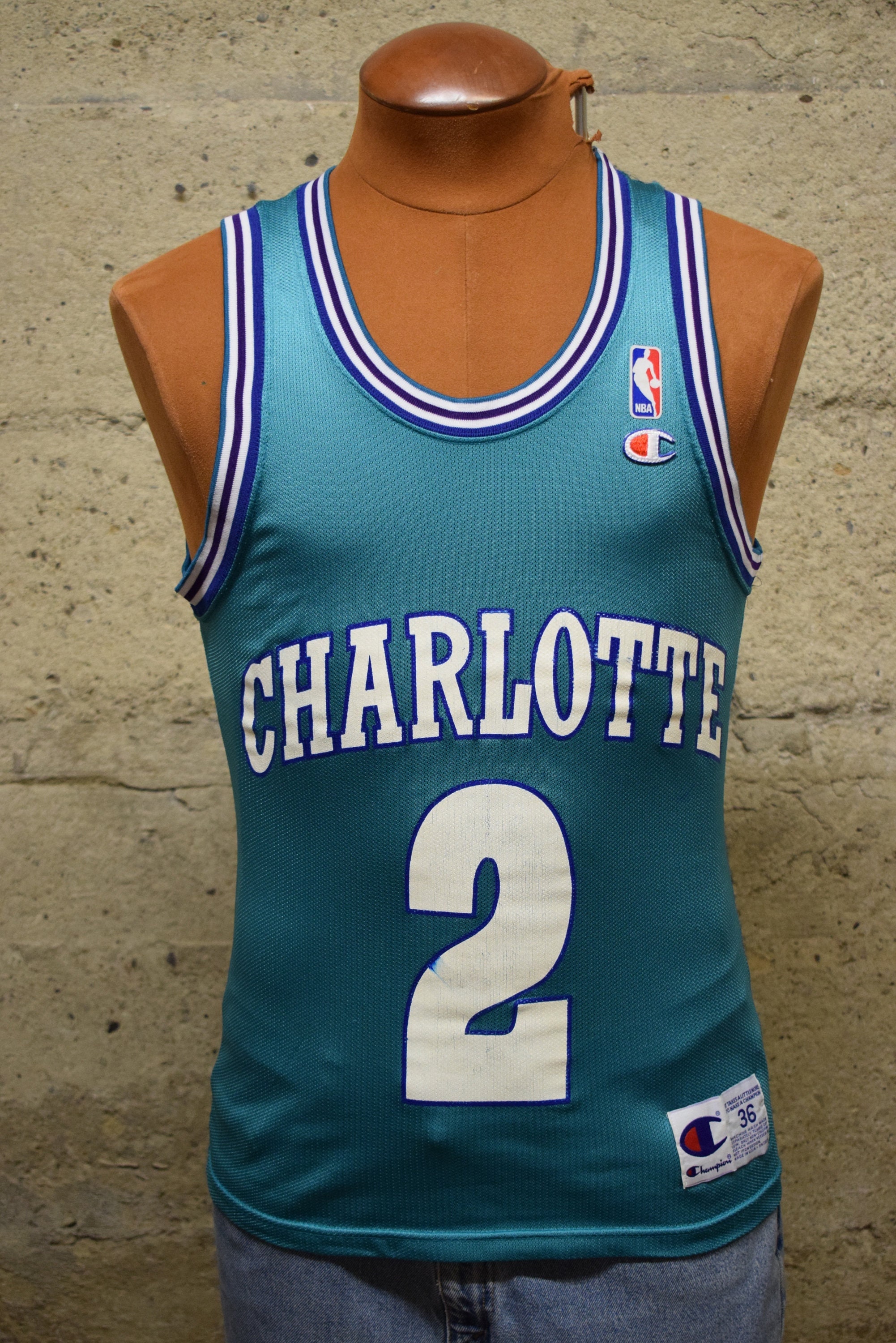 LARRY JOHNSON #2 Charlotte Hornets Champion Throwback Jersey Size 44 Vintage  90s