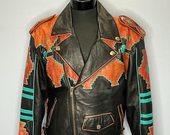 Chaqueta de cuero vintage estilo motero Volcano con águila bordada, años 80, talla XL