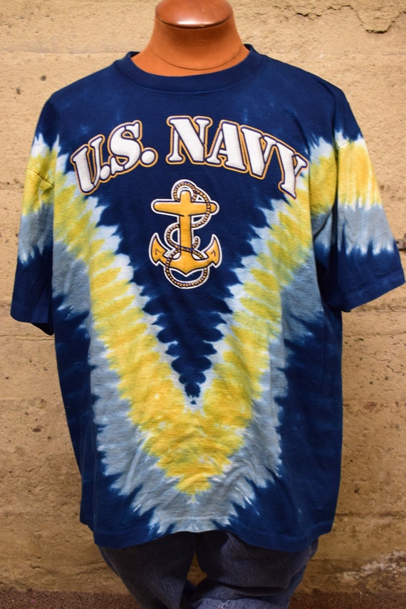 US Navy T-Shirt S/XL Vintage USA Made Single Stitch Tie Dye Blue Yellow White By Liquid Blue 90's
