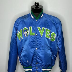 Vintage Minnesota Timberwolves NBA Basketball Satin Snap Varsity Jacket 90’s Large