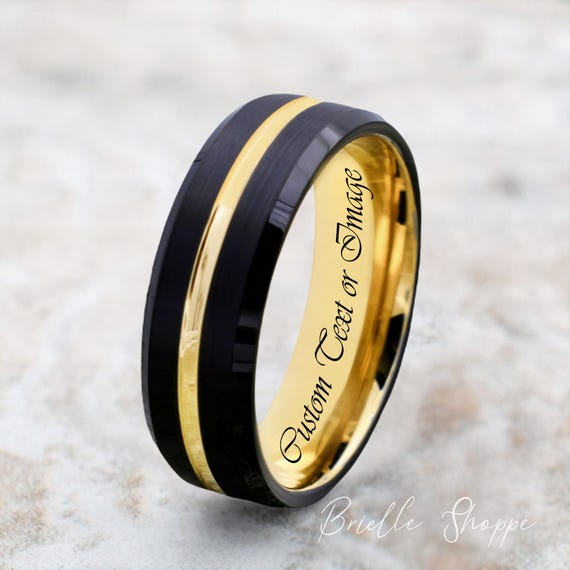 Tungsten Ring, Men's Tungsten Wedding Band, Men's Black Wedding Band, Black Tungsten Ring, Yellow Gold Tungsten Ring, Yellow Gold Band