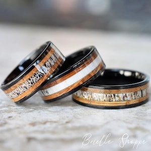 Whiskey Barrel Deer Antler Black Ring, Whiskey Barrel Wedding Band, Deer Antler Tungsten Ring, Black Tungsten Ring, Whiskey Barrel Band