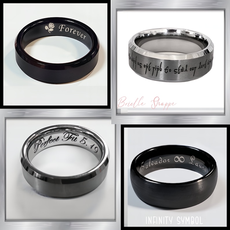 May include: Four rings with engraved text and designs. One black ring has "Forever" and a rose. Another has script. A third ring says "Perfect Fit 5.19". The last ring has "Salvador &infin; Laura" and "INFINITY SYMBOL".