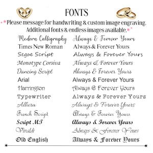 May include: A white background displays a list of fonts with the word "FONTS" at the top. The fonts are paired with the phrase "Always & Forever Yours." Gold wedding rings and decorative stars are also present.