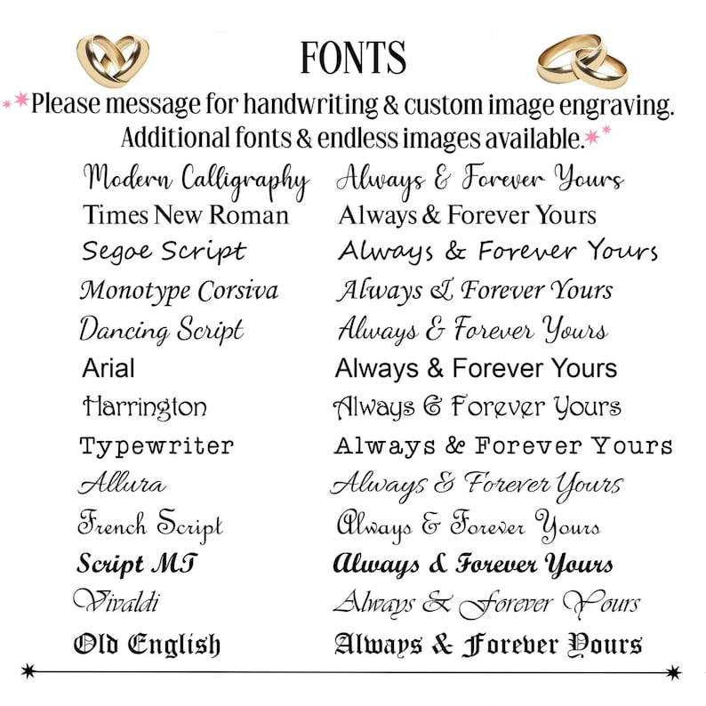 May include: A white background displays a list of fonts with the word "FONTS" at the top. The fonts are paired with the phrase "Always & Forever Yours." Gold wedding rings and decorative stars are also present.