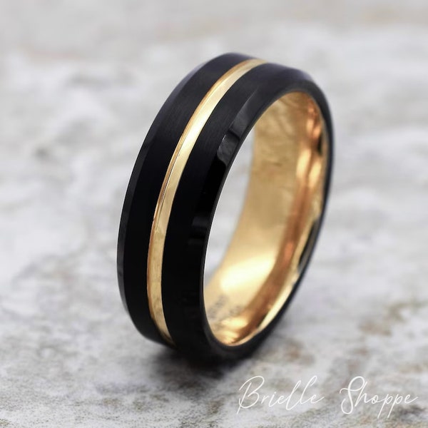 Tungsten Ring, Men's Tungsten Wedding Band, Men's Black Wedding Band, Black Tungsten Ring, Yellow Gold Tungsten Ring, Yellow Gold Band