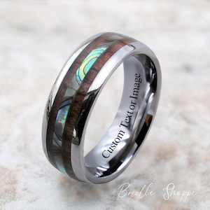 Tungsten Ring, Men&#39;s Tungsten Wedding Band, Koa Wood Ring, Abalone Ring, Tungsten, Tungsten Band, Personalized Engraving, Tungsten Koa Wood