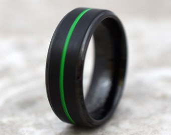 Black Tungsten Ring, Mens Ring, Green Tungsten Ring, Green Ring, Black Tungsten Ring, Green Black Tungsten Ring, Mens Ring, Mens Band, Green