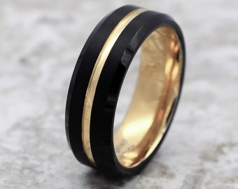 Tungsten Ring, Men's Tungsten Wedding Band, Men's Black Wedding Band, Black Tungsten Ring, Yellow Gold Tungsten Ring, Yellow Gold Band