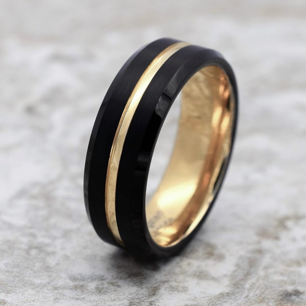 Bague en tungstène, alliance en tungstène pour homme, alliance noire pour homme, bague en tungstène noir, bague en tungstène en or jaune, alliance en or jaune