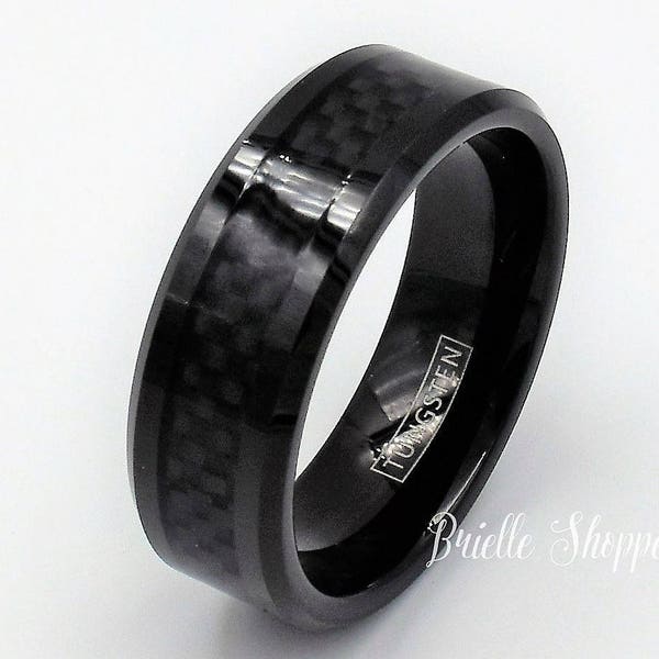 Tungsten Ring, Men's Tungsten Wedding Band, Men's Black Wedding Band, Black Tungsten Ring, Carbon Fiber Ring, Black Carbon Fiber Ring, Men