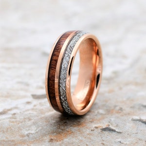 Meteorite Ring, Rose Gold Tungsten Ring, Koa Wood Tungsten Band ...