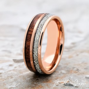 meteorite ring, Rose Gold Tungsten Ring, Koa Wood Tungsten Band, Meteorite Ring, Tungsten Wedding Band, Rose Gold Band, Koa Wood Band, Ring image 1