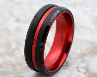 Tungsten Wedding Band, Black Tungsten Band, Red Tungsten Ring, Tungsten, Tungsten Band, Personalized Engraving, Black Tungsten Ring