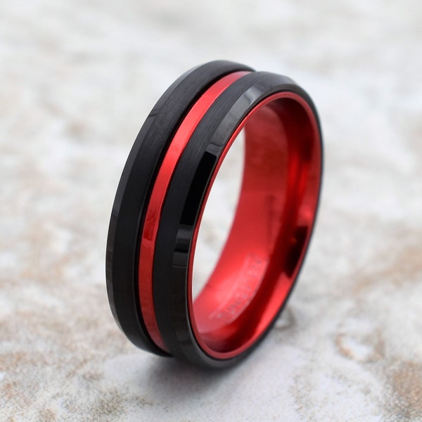 Tungsten Wedding Band, Black Tungsten Band, Red Tungsten Ring, Tungsten, Tungsten Band, Personalized Engraving, Black Tungsten Ring