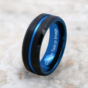 タングステン結婚指輪、メンズブラック結婚指輪、ブラックタングステンリング、タングステン、タングステンバンド、パーソナライズされた彫刻、ブルータングステンリング