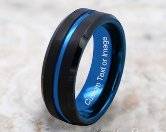 Anillo de hombre, alianza de boda, anillo de tungsteno, grabado personalizado, anillo de tungsteno azul