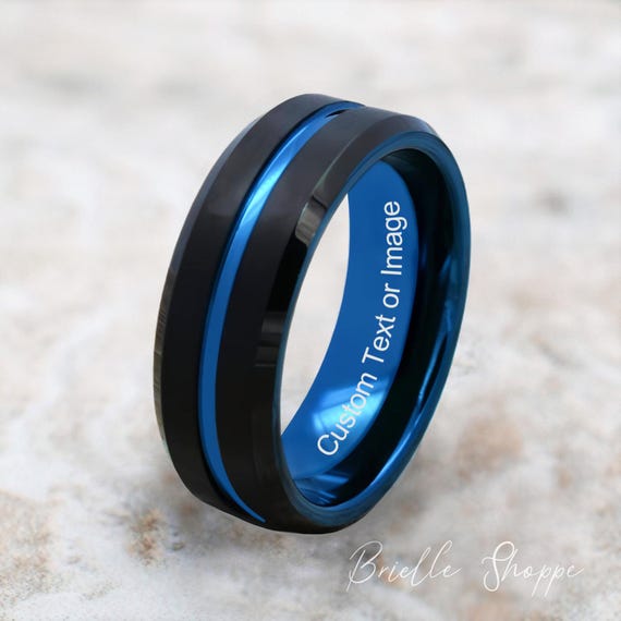 Men's Ring, Men's Wedding Band, Tungsten Ring, Personalized Engraving, Blue Tungsten Ring