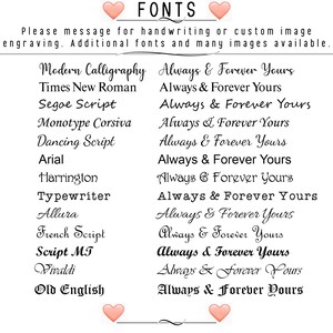 May include: A list of fonts with the text "Always & Forever Yours" next to each font name. The fonts include Modern Calligraphy, Times New Roman, Segoe Script, Monotype Corsiva, Dancing Script, Arial, Harrington, Typewriter, Allura, French Script, Script MT, Vivaldi, and Old English.