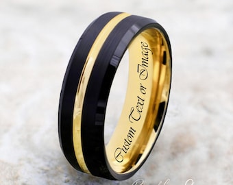 Tungsten Ring, Men's Tungsten Wedding Band, Men's Black Wedding Band, Black Tungsten Ring, Yellow Gold Tungsten Ring