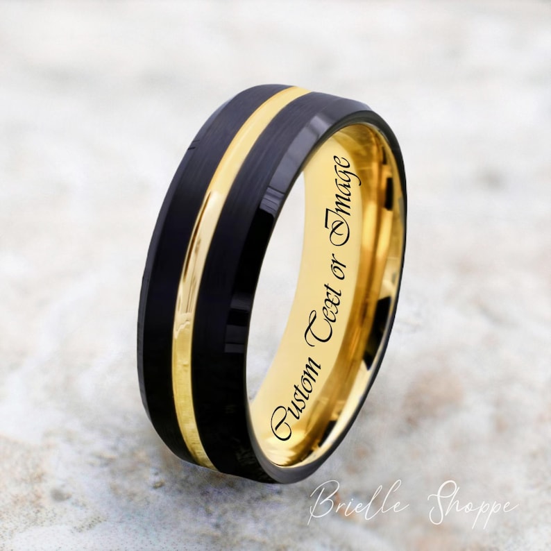 Tungsten Ring, Men's Tungsten Wedding Band, Men's Black Wedding Band, Black Tungsten Ring, Yellow Gold Tungsten Ring image 1