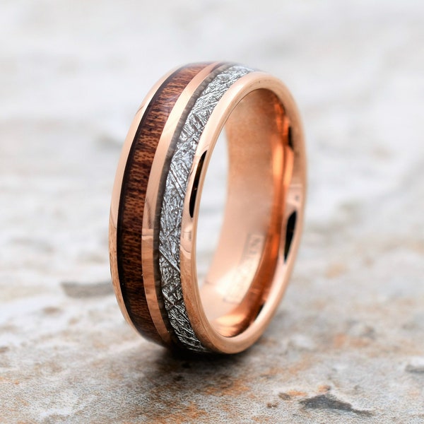 bague météorite, bague en tungstène en or rose, bande de tungstène en bois de koa, bague de météorite, alliance en tungstène, bande en or rose, bande en bois de koa, bague