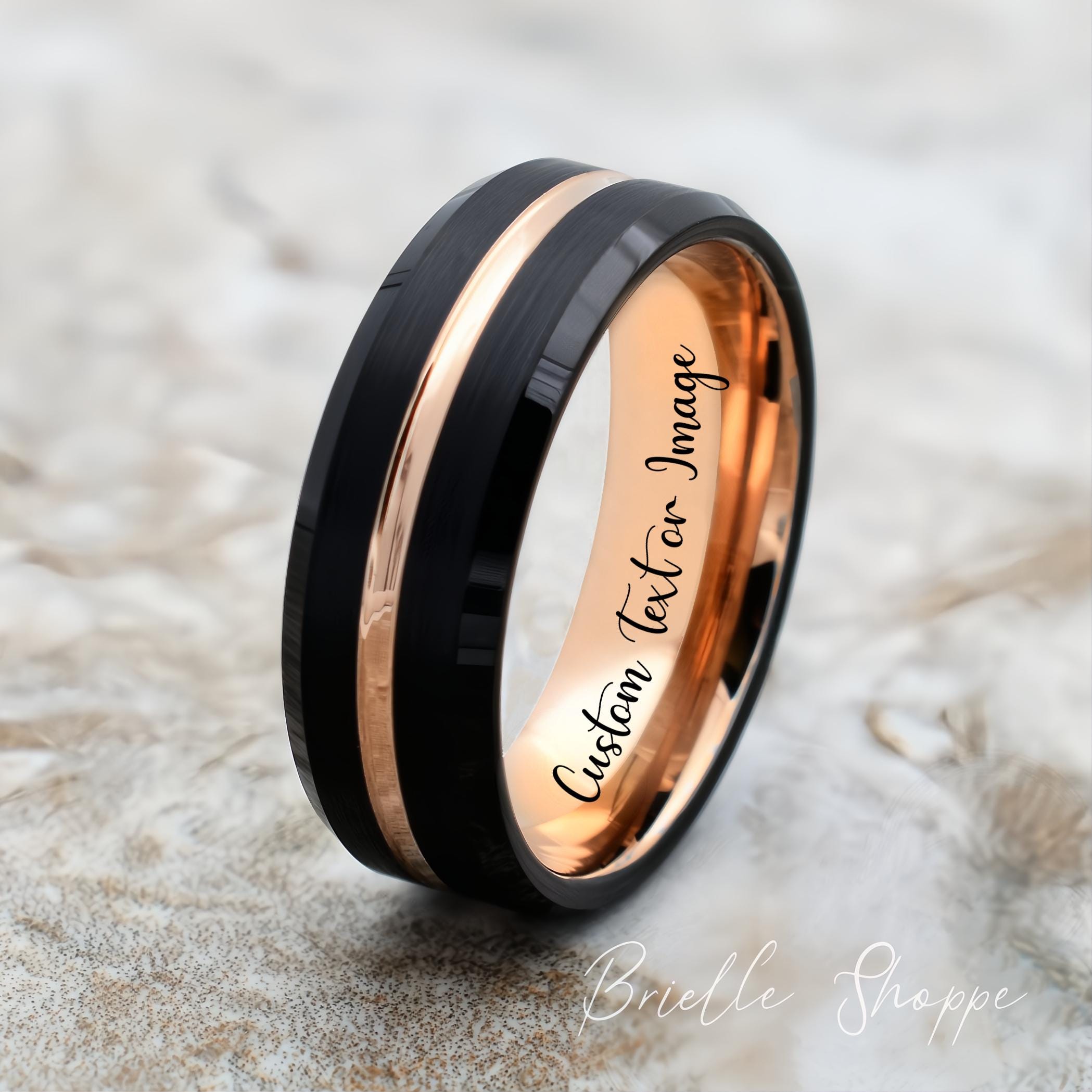 Wolfraamring, wolfraam trouwring heren, zwarte trouwring heren, zwarte wolfraamring, roségouden wolfraamring, roségouden band, zwart
