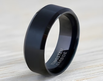 Anillo de tungsteno, alianza de tungsteno para hombre, alianza negra para hombre, anillo de tungsteno negro, tungsteno, banda de tungsteno, grabado personalizado