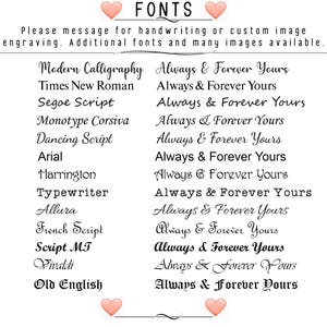 May include: A list of fonts with the text "Always & Forever Yours" next to each font name. The fonts include Modern Calligraphy, Times New Roman, Segoe Script, Monotype Corsiva, Dancing Script, Arial, Harrington, Typewriter, Allura, French Script, Script MT, Vivaldi, and Old English.