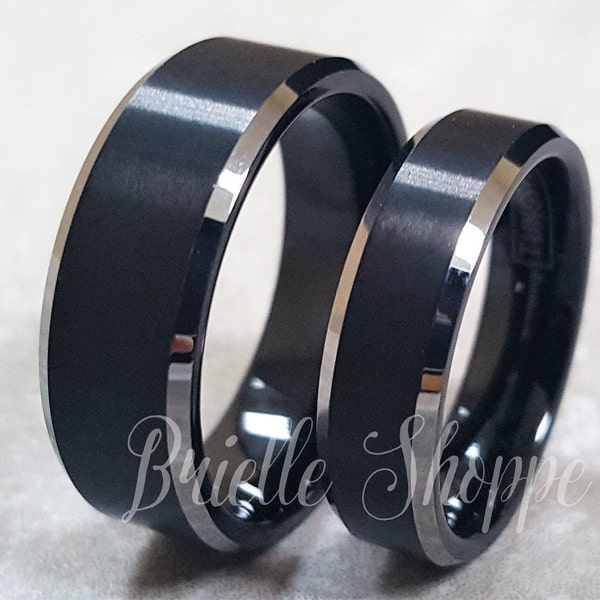Personalized Tungsten Couple Rings | Engraved Wedding Bands His And Hers | 6MM Silver & Black