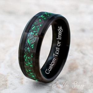 Tungsten Ring, Men's Tungsten Wedding Band, Black Tungsten Ring, Green Tungsten Ring, Green Tungsten Band, Celtic Ring, Green Celtic Ring