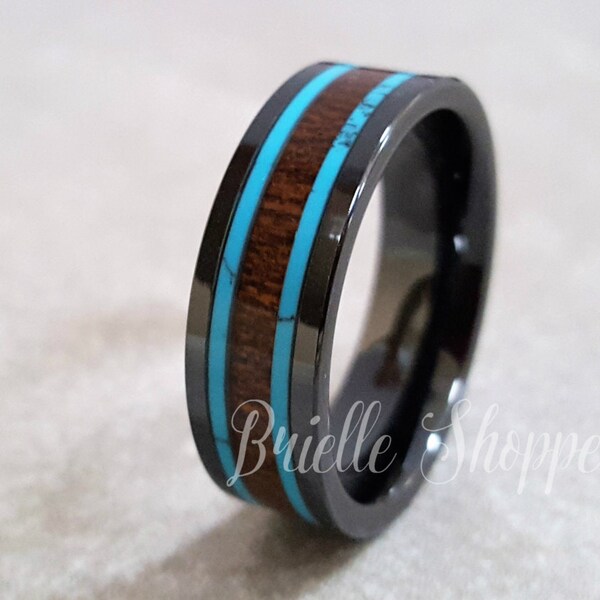 Black Ceramic Ring, Ceramic Ring, Men's Ceramic Band, Black Ceramic Ring, Black Ring, Turquoise Band, Turquoise Wood Band, Black Band, Black