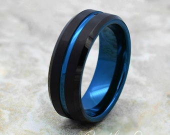 Tungsten Wedding Band, Men's Black Wedding Band, Black Tungsten Ring, Tungsten, Tungsten Band, Personalized Engraving, Blue Tungsten Ring