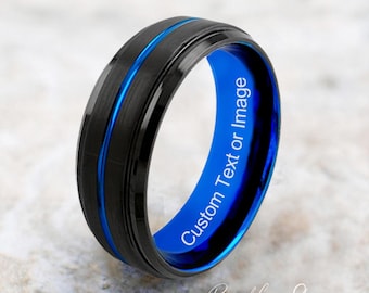 Anillo de boda de tungsteno, anillo de boda negro para hombre, anillo de tungsteno negro, tungsteno, anillo de tungsteno, grabado personalizado, anillo de tungsteno azul