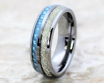 meteorite ring, mens meteorite tungsten ring, blue carbon fiber ring, tungsten ring, tungsten wedding ring, meteorite tungsten ring, ring