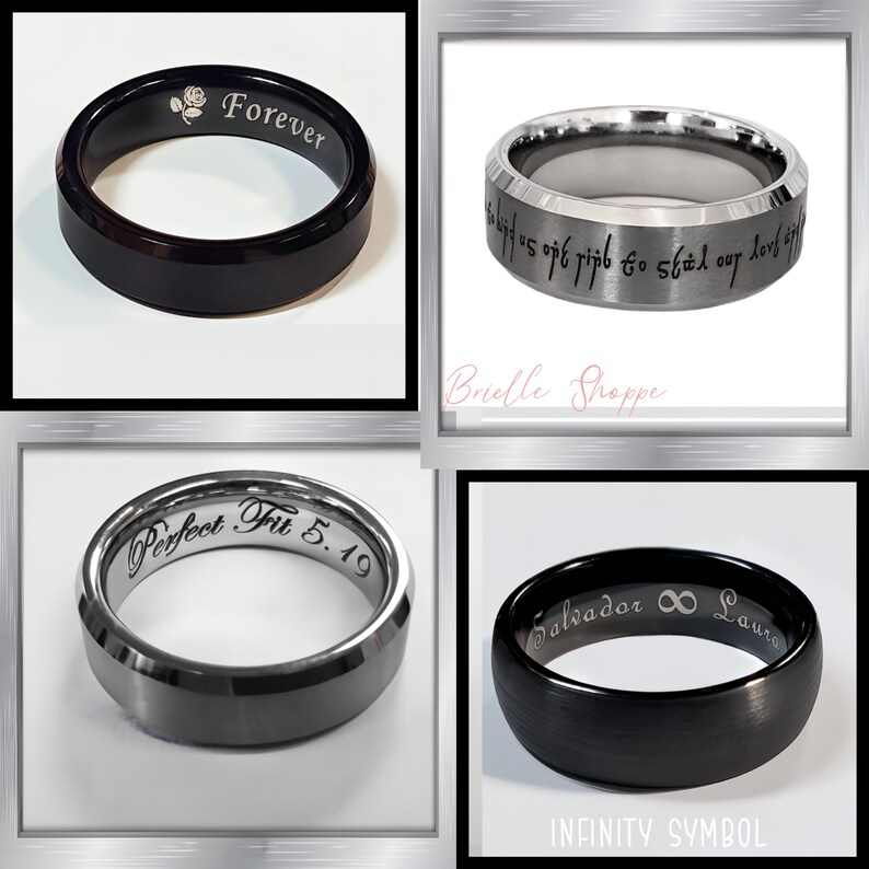 May include: Four different men's wedding bands with various engravings. The bands are made of black and silver metal. The engravings include "Forever", "Gibit us 145 off ripb to st&aring;l our lovf", "Perfect Fit 5.19", and "Salvador &infin; Laura".