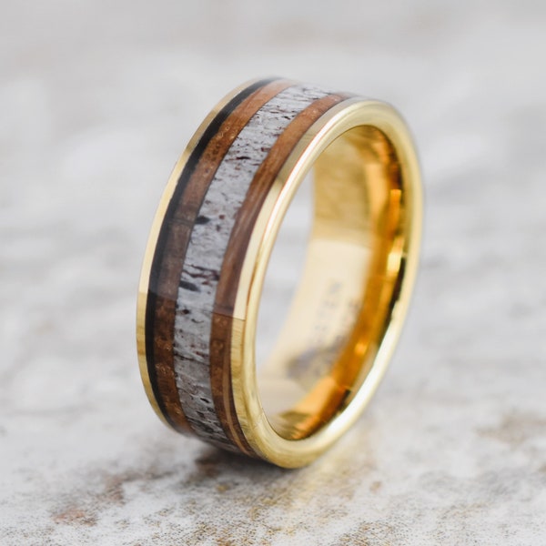 Whiskey Barrel Deer Antler Ring, Whiskey Barrel Wedding Band, Deer Antler Tungsten Ring, Yellow Gold Tungsten, Men's Ring, Men's Band