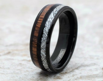 Black Meteorite Tungsten Ring, Black Tungsten Ring, Meteorite Ring, Koa Wood Ring, Black Tungsten Ring, Meteorite and Koa Wood Ring, Ring