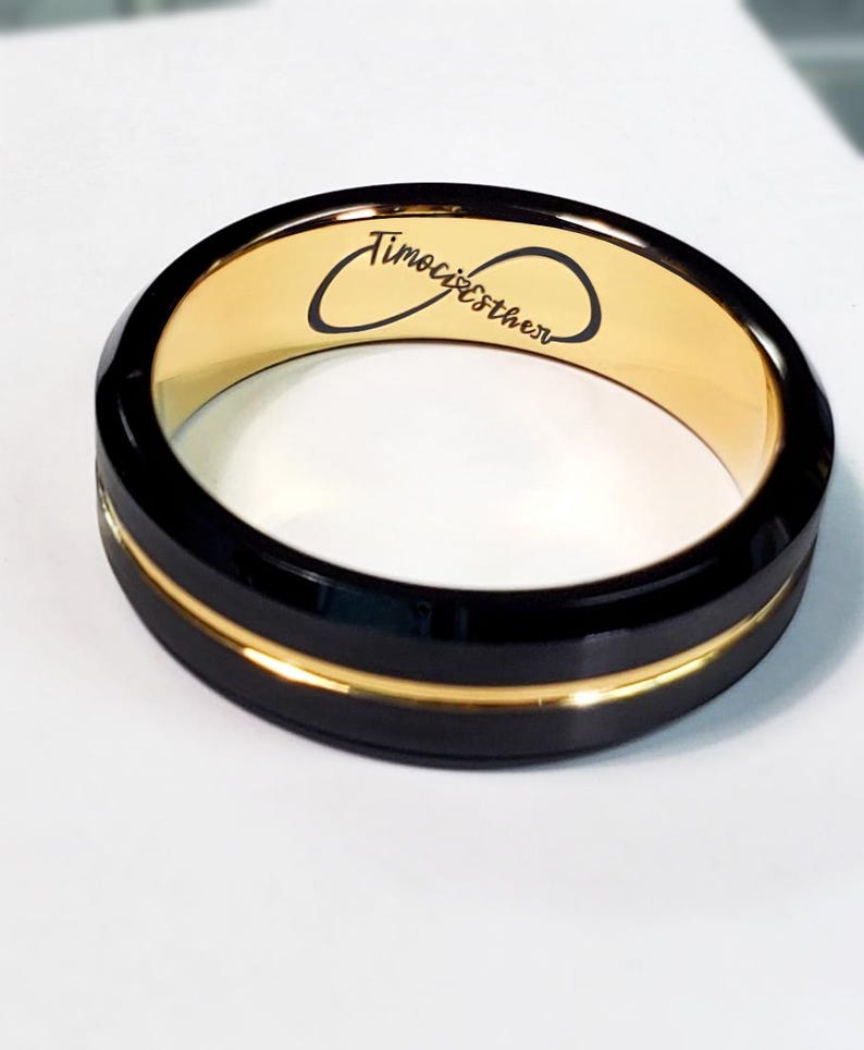 Tungsten Ring, Men's Tungsten Wedding Band, Men's Black Wedding Band, Black Tungsten Ring, Yellow Gold Tungsten Ring image 8