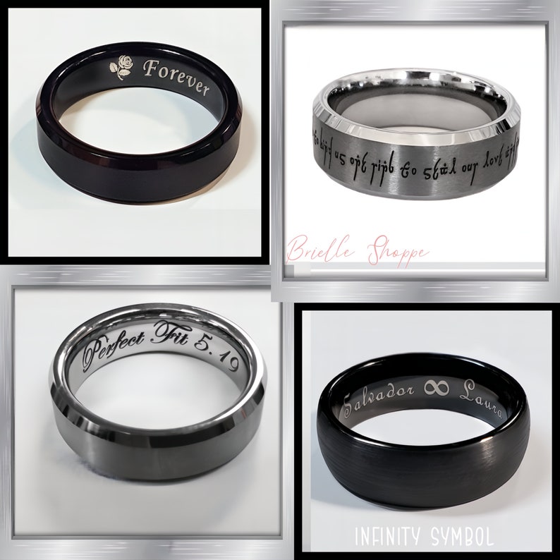 May include: Four different men's wedding bands with various engravings. The bands are made of black and silver metal. The engravings include "Forever", "Gibit us 145 off ripb to st&aring;l our lovf", "Perfect Fit 5.19", and "Salvador &infin; Laura".
