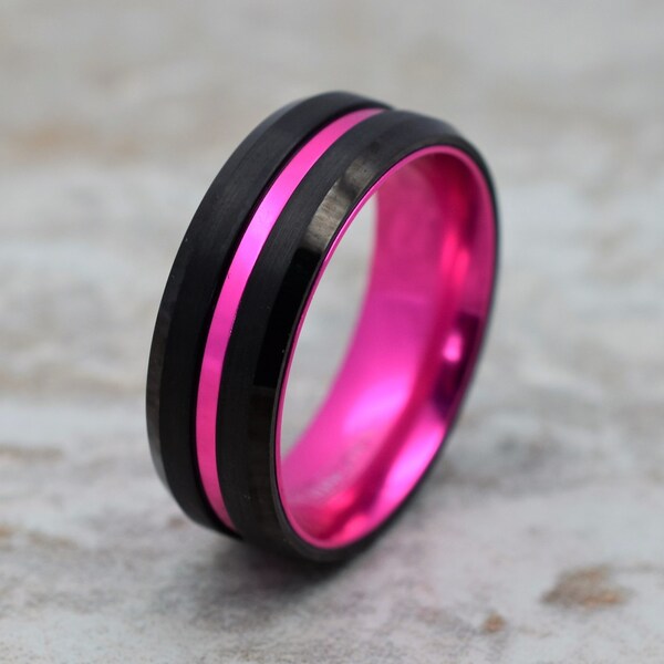 Alliance en tungstène, Alliance en tungstène noir, Bague en tungstène rose, Tungstène, Alliance en tungstène, Bague pour homme fuchsia, Bague en tungstène noir