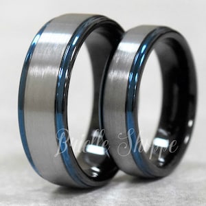 Tungsten Wedding Band Set, Tungsten Ring, Men&#39;s Tungsten Wedding Band, Blue Tungsten Ring, Wedding Band, Tungsten, Couples Ring Set