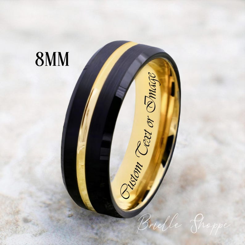 Tungsten Ring, Men's Tungsten Wedding Band, Men's Black Wedding Band, Black Tungsten Ring, Yellow Gold Tungsten Ring image 5