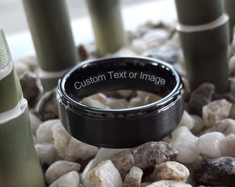 Anillo de tungsteno, alianza de boda de tungsteno para hombre, alianza de boda negra para hombre, anillo de tungsteno negro, tungsteno, banda de tungsteno, grabado personalizado