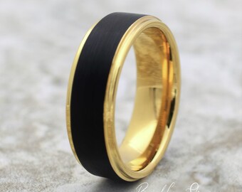 Tungsten Ring, Men's Tungsten Wedding Band, Black Tungsten Ring, Yellow Gold Tungsten Ring, Tungsten Band, Personalized Ring