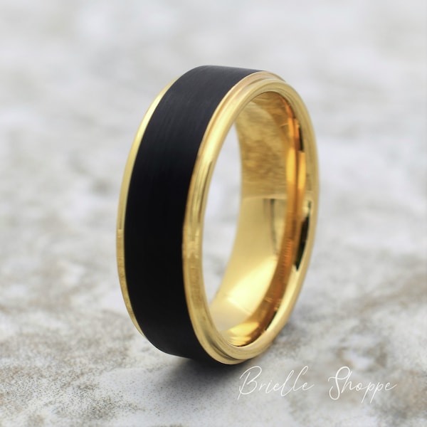 Tungsten Ring, Men's Tungsten Wedding Band, Black Tungsten Ring, Yellow Gold Tungsten Ring, Tungsten Band, Personalized Ring