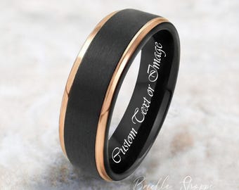 Anillo de tungsteno, alianza de tungsteno para hombre, anillo de tungsteno negro, anillo de tungsteno de oro rosa, banda de tungsteno, anillo personalizado