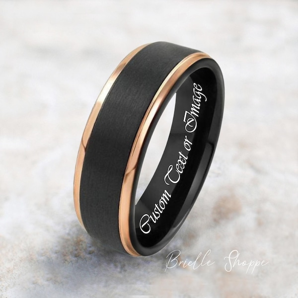 Bague en tungstène, alliance en tungstène pour hommes, bague en tungstène noir, bague en tungstène en or rose, alliance en tungstène, bague personnalisée