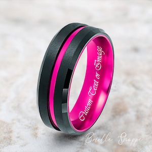 Tungsten Wedding Band, Black Tungsten Band, Pink Tungsten Ring, Tungsten, Tungsten Band, Hot Pink Men&#39;s Ring, Black Tungsten Ring