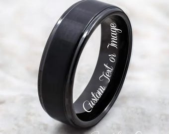 Anillo de tungsteno, alianza de boda de tungsteno para hombre, alianza de boda negra para hombre, anillo de tungsteno negro, tungsteno, banda de tungsteno, grabado personalizado